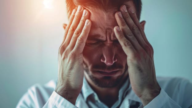 A man is shown standing while holding his hands to his head in a gesture of distress or frustration. He appears to be deep in thought, possibly facing a difficult situation or problem.