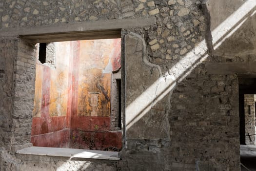 APRIL 3, 2016. Torre Annunziata (Naples), Italy Ancient roman fresco represented a scene of Roman mitology in the Poppea's Villa