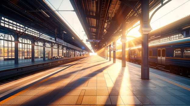 Perspective view of a platform in railway station with sunlight cast on train parking by the platform. AI generated