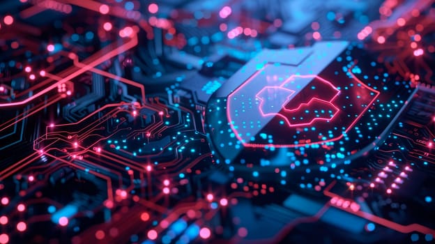 A depiction of a cybersecurity shield on computer circuit board. Concept for defense against cyber threats and viruses. AI generated