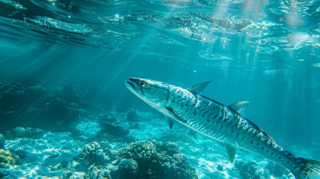 A fierce barracuda in the coral reef with clear water. AI generated