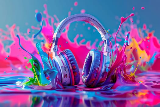 Wireless headphones with colorful splashes of oil paint. AI generated