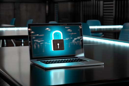 Secure personal information, data privacy, hacking and login attempt concept with digital padlock symbol on  laptop monitor on office table. AI generated