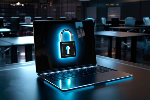 A laptop with a padlock on the screen sits in front of empty office tables in a dark room. AI generated