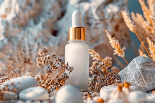 White frosted glass dropper bottle with golden cap, surrounded by stones and dried plants. Concept of natural skin care. AI generated