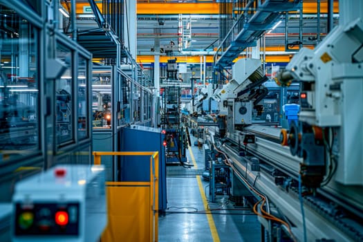 The interior of the metalworking shop. Modern industrial enterprise. Machinery in empty factory. AI generated