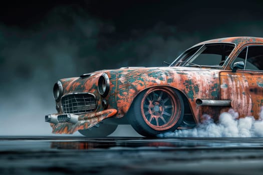 Front of rusty drift car with lots of smoke from burning tires on speed track. AI generated