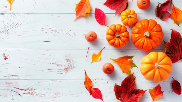 Thanksgiving and autumn decoration concept made from autumn leaves and pumpkins on a wooden background. Flat lay, top view with copy space. AI generated