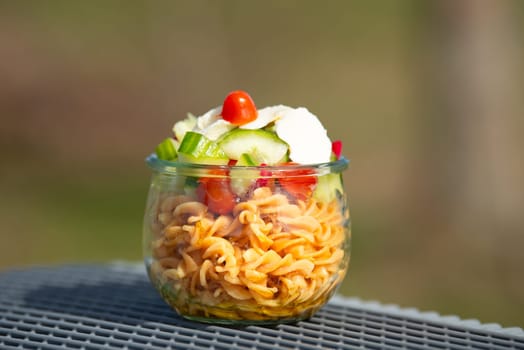 Pasta salad in a bowl, sliced cucumber, tomato, red pepper and cheese, healthy food with vegetables, picnic in nature