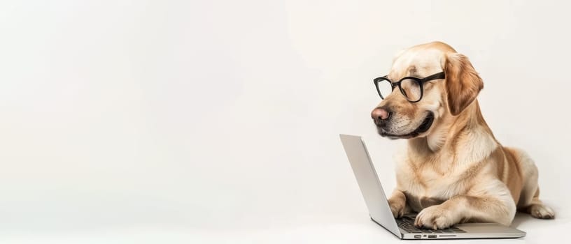 A golden Labrador Retriever sports eyeglasses and uses a laptop, presenting an amusing portrayal of a professional pet