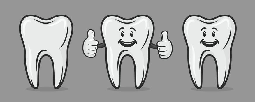 Vector Cute and Friendly Cartoon Tooth Character. Design Template for Promoting Dental Care and Toothpaste. Healthy Oral Hygiene Concept. The Smiling Tooth Character Showing Hand Gesture LIKE.