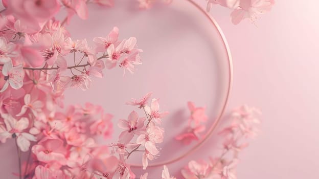 Beautiful floral hoop on a pink background. Copy space.AI generated
