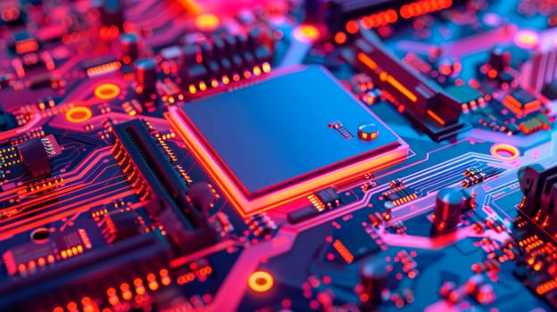 Computer hardware technology concept in neon light.Central Computer Processors CPU concept.  AI generated