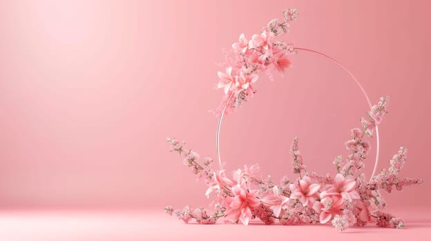 Beautiful floral hoop on a pink background. Copy space.AI generated