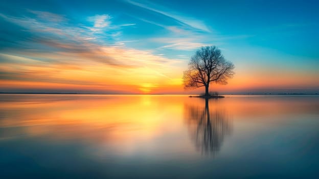 Picturesque view of lonely tree growing and reflecting in tranquil lake on setting sun. AI generated