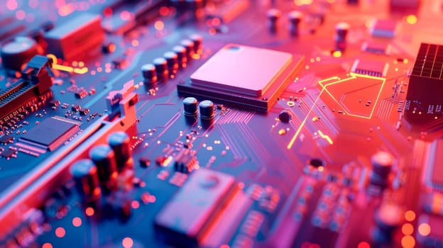 Computer hardware technology concept in neon light.Motherboard digital chip. Technology science background. AI generated