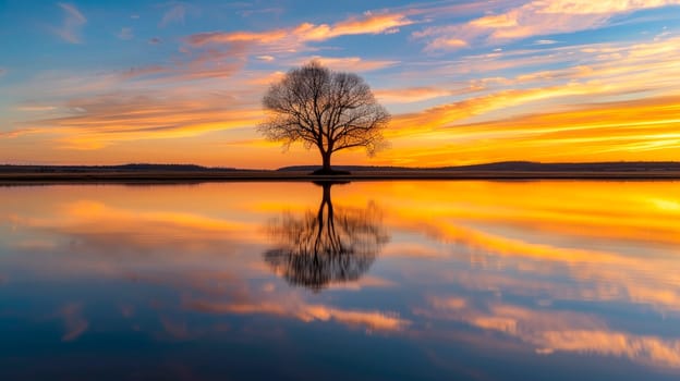 Picturesque view of leafless lonely tree growing and reflecting in tranquil lake on setting sun. AI generated