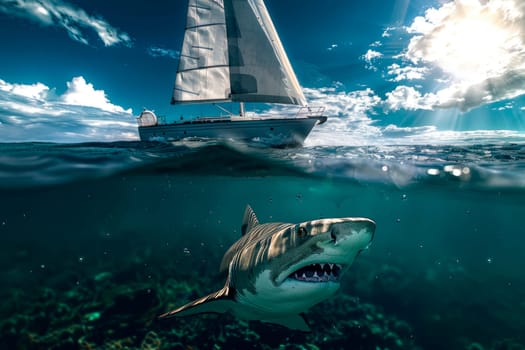 A sailing boat navigating above water in quiet sea and a big shark swimming below underwater. AI generated
