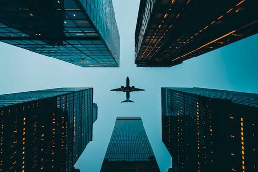 Bottom view to airplane flying above glass office buildings. Airplane flying over business skyscrapers. AI generated