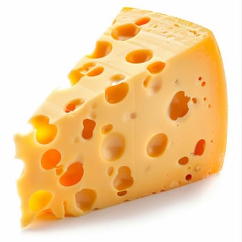 Close-up of a Swiss cheese wedge, showcasing its vibrant yellow color and iconic holes, perfect for culinary themes