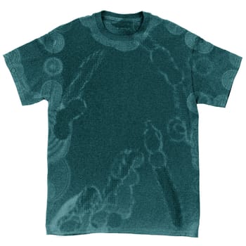 A dark green T-shirt with an abstract pattern highlighted on a white background and an empty space in the center for applying your advertisement