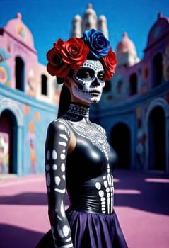 AI generated of a woman in a black dress with a red and blue hair and a black top