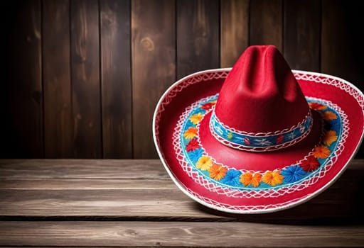 AI generated of red mexican sombrero hat on wooden table