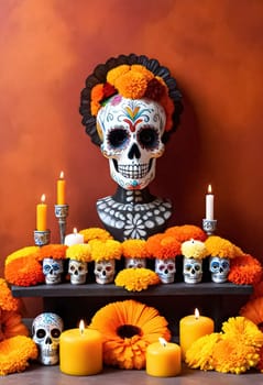 AI generated of day of the dead sugar skull with orange flowers