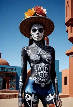 AI generated of a woman with a sombrero on her head is standing in front of a building with a sugar skull make up