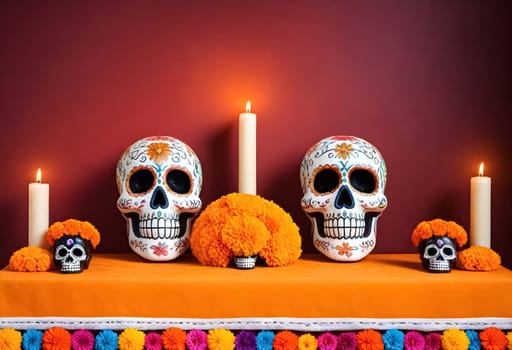 AI generated of four sugar skulls on a table with candles