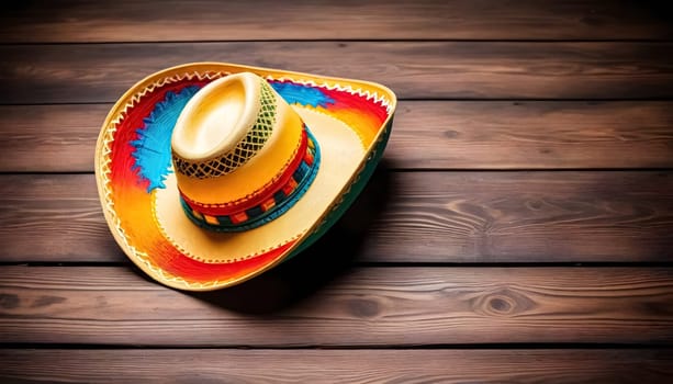 AI generated of a colorful mexican sombrero hat on a wooden table