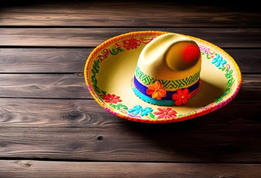 AI generated of a colorful mexican hat sombrero on a wooden table