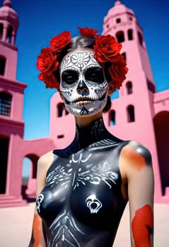 AI generated of a woman in a black dress with a sugar skull face and red roses