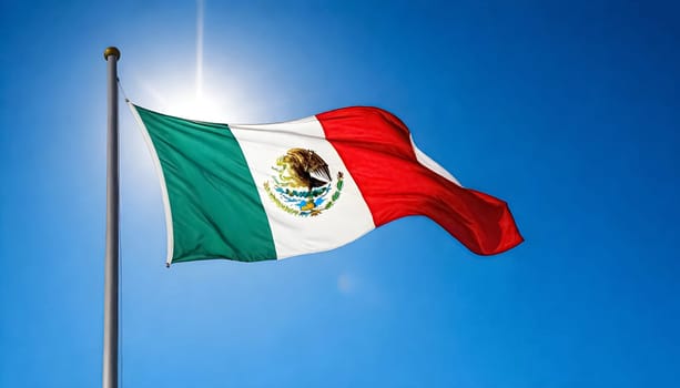 AI generated of mexico flag on the flagpole in the sky with the sun shining through it