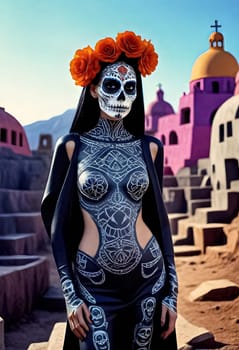 AI generated of a woman body painted and dress in day of the dead skull makeup standing in front of a building
