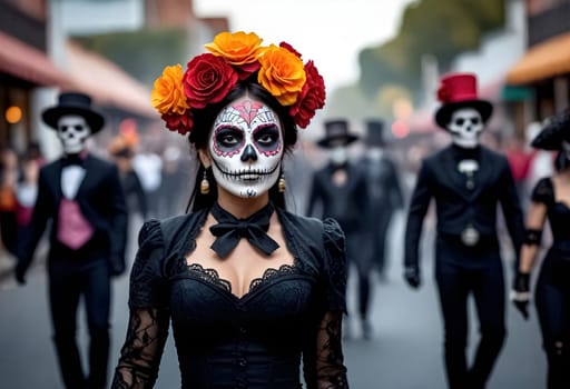 AI generated of a woman in a costume with a sugar skull face painting and flowers on her head is walking in a parade