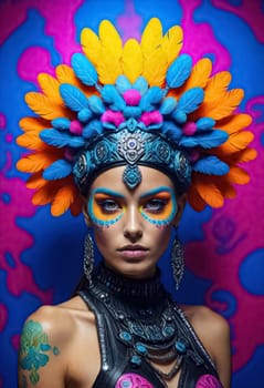 AI generated of beautiful woman with colorful feathers and makeup on her head