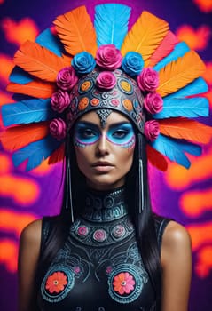 AI generated of beautiful woman in colorful makeup and headdress in mexican themed