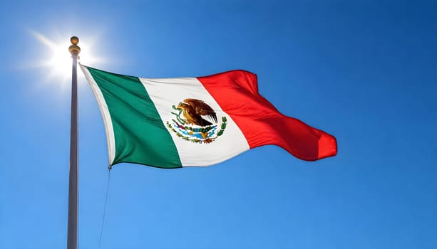 AI generated of mexico's flag on clear blue sky background with sun light