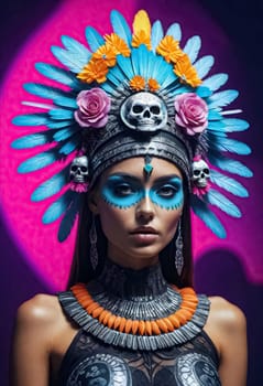 AI generated of beautiful woman in mexican costume with colorful feathers and skulls