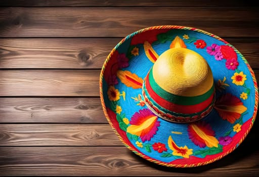 AI generated of a colorful mexican sombrero hat on a wooden table