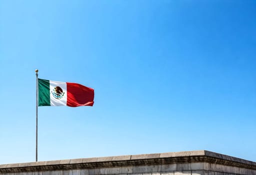 AI generated of mexico flag on a pole waving in a blue sky background