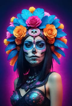 AI generated of beautiful a woman with colorful makeup and flowers in her hair