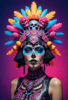 AI generated of a woman with colorful makeup and a skull headdress