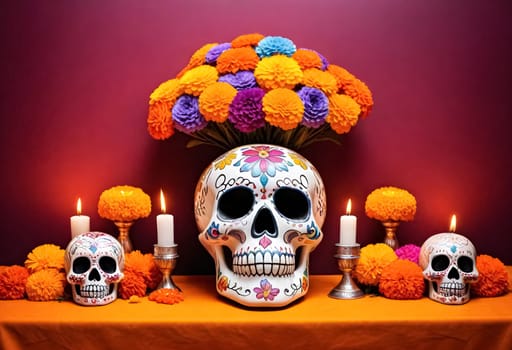 AI generated of day of the dead skulls and flowers on the orange table and red background with candles