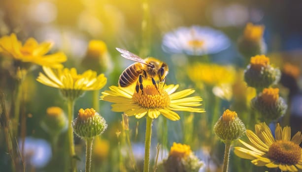 A busy bee buzzes among the bright yellow daisies, spreading pollen from the herbaceous plants as the warm sun shines down on the peaceful field in the midst of spring (2)