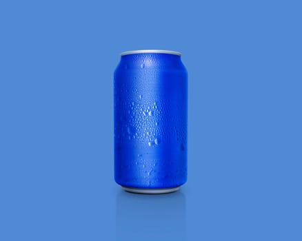 Can of fresh soda with water drops on color background