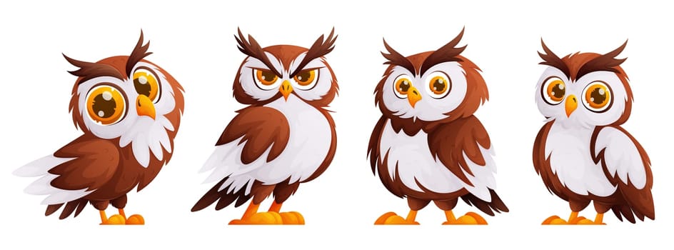 Cute cartoon owl. The owl is brown in color with white feathers. Wild forest birds. Flying creatures.