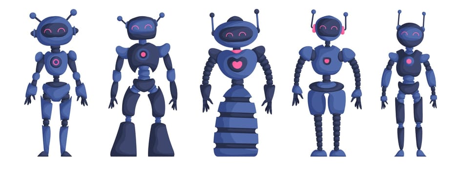 Set of five robot girls isolated on white background. Blue Characters Artificial Intelligence Concept Flat Vector