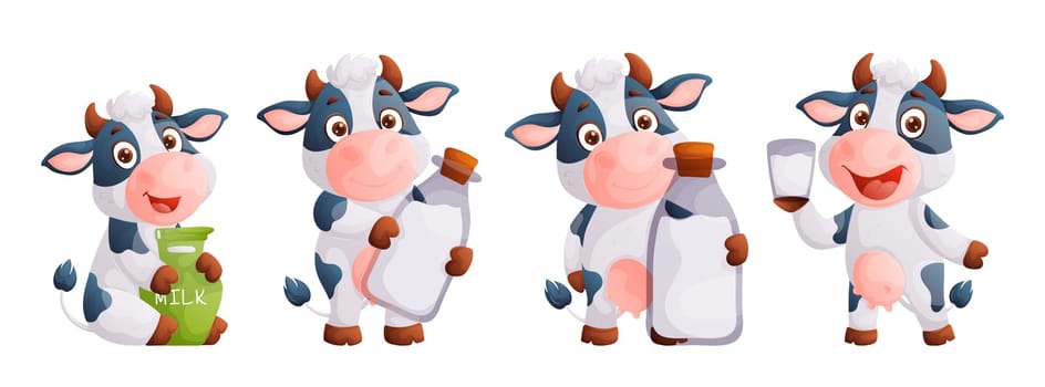 Cow cartoon. Cute farm milk animal character in various actions posing funny mascot vector of a funny cow with a bottle, bottle and glass of milk.